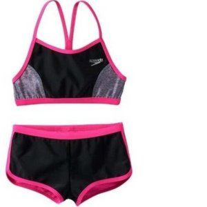 *Swimsuit Speedo sz 8 Pink Black 2 Pc Scoop Bikini Top & Boyshort Bottoms Girls